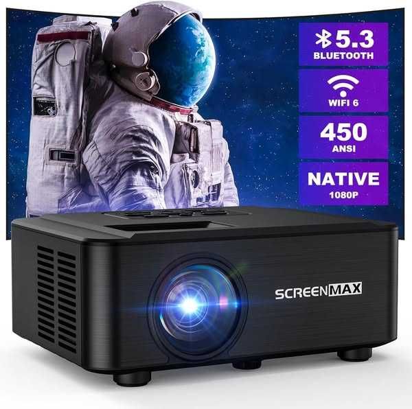 Proiector SCREENMAX, suportă 4K nativ 1080P cu WiFi, Bluetooth