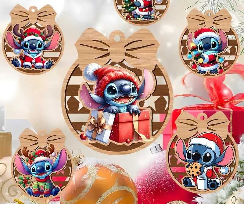 Коледна декорация Stitch/Стич –дървени топки, коледни чорапи и стикери