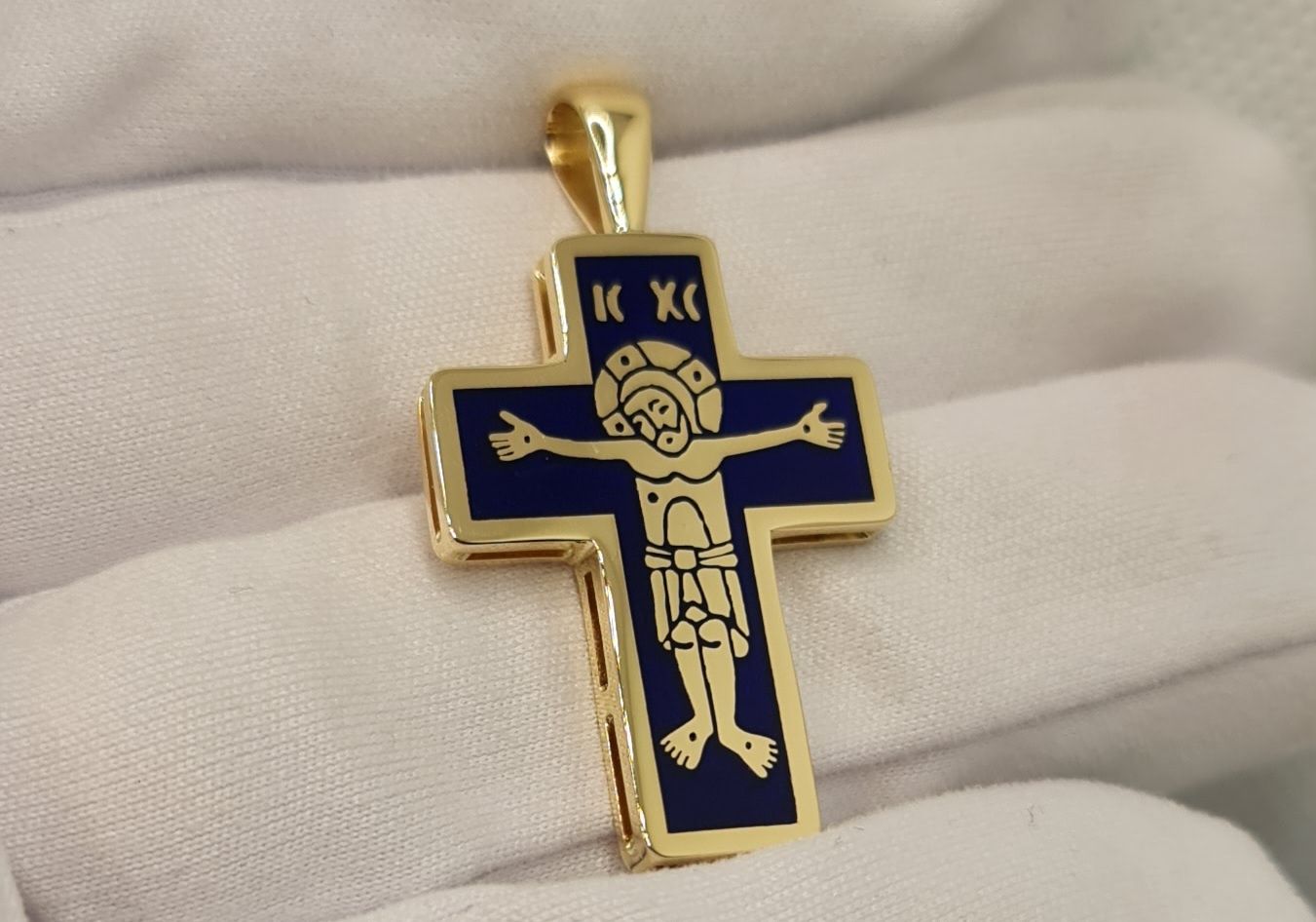 Cruce ortodoxă handmade aur galben 14k și email albastru