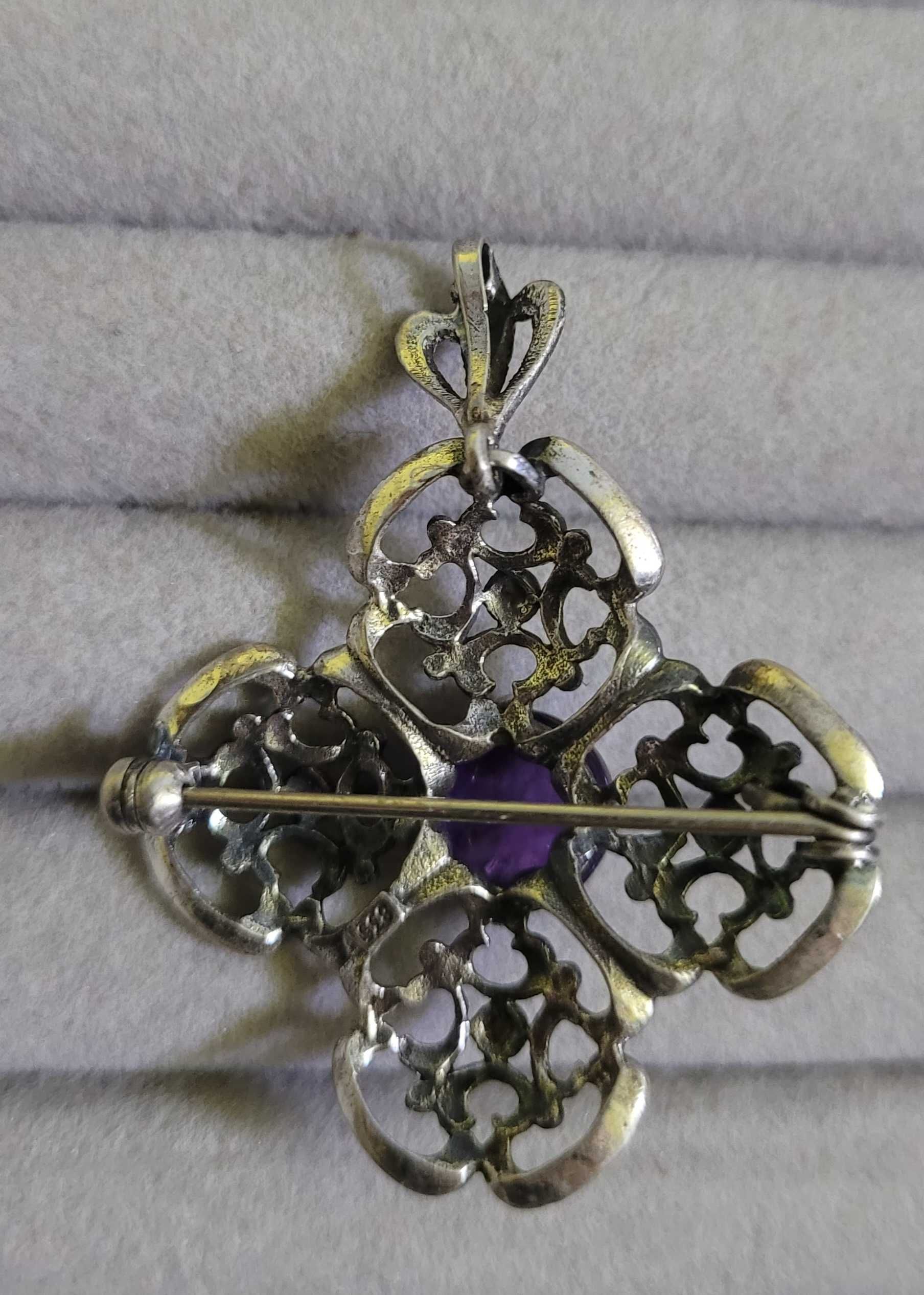 Broșă/pandantiv vintage din argint cu ametist cabochon