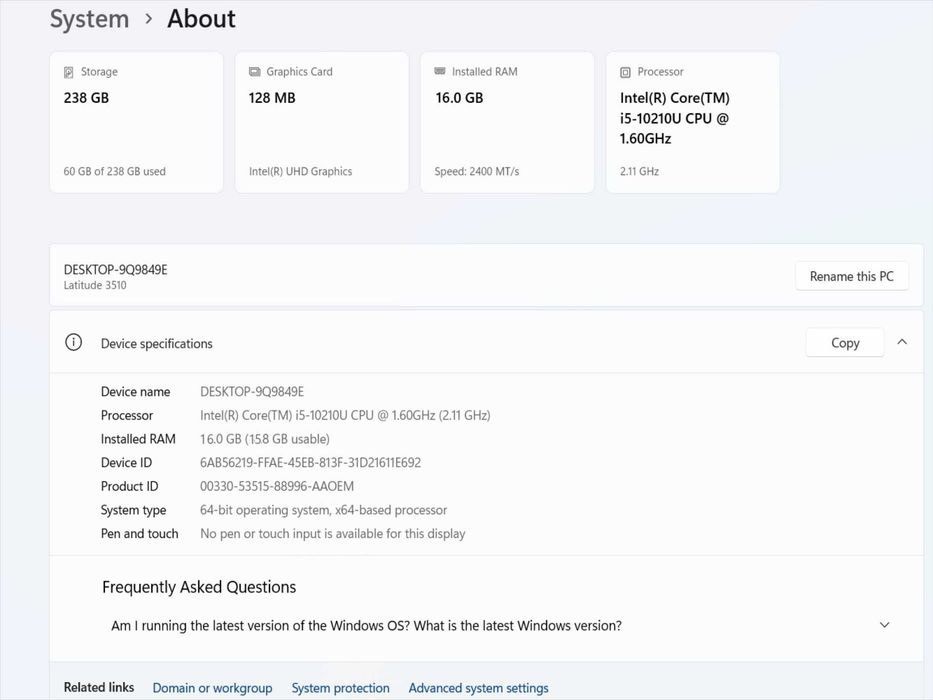 Лаптоп Dell Latitude 3510 15.6" i5-10210U до 4.2GHz/RAM 16GB/SSD 256GB