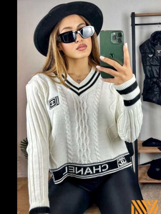шанел бял черен пуловер блуза плетена chanel фина плетка суичър топ