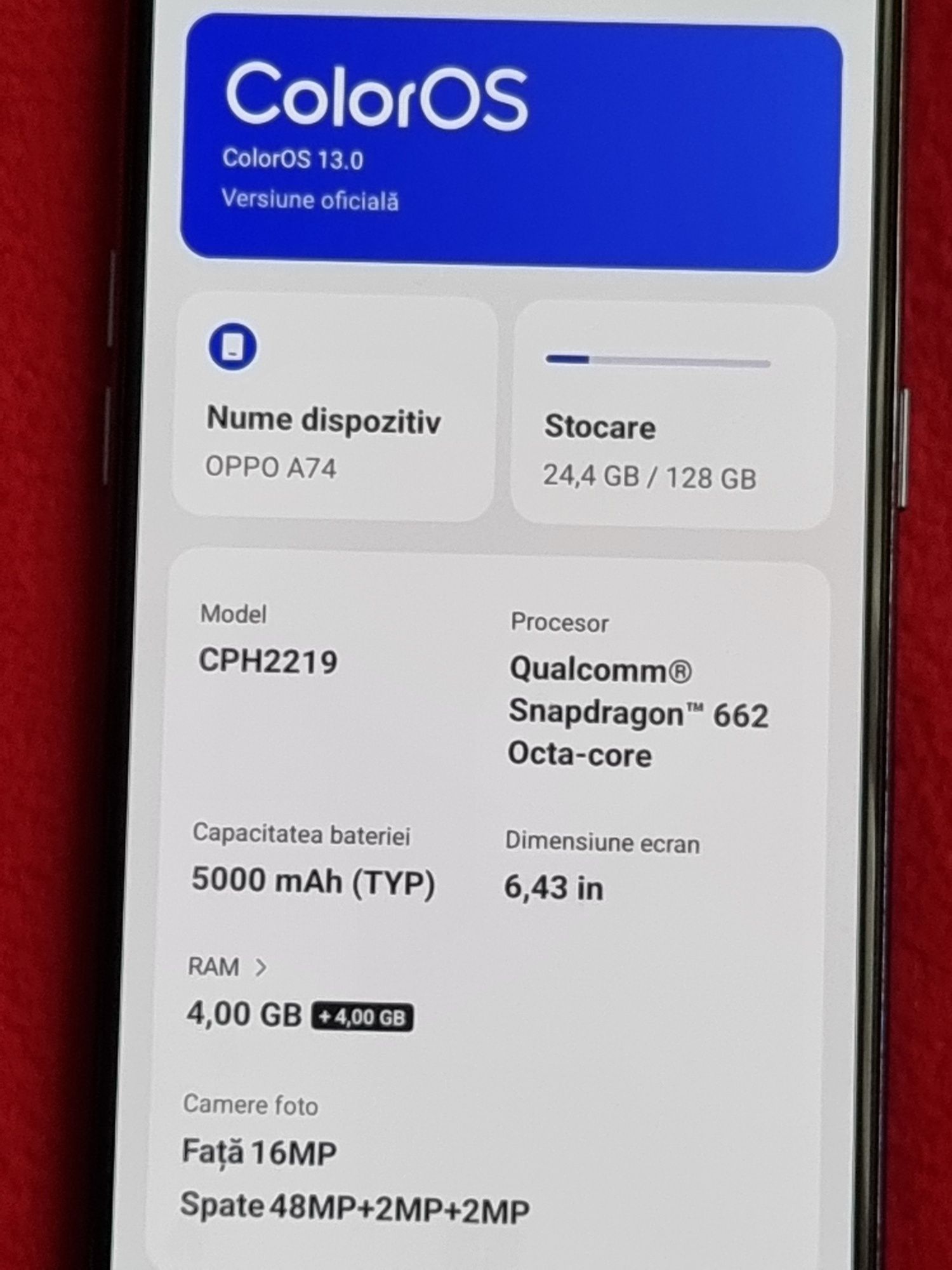 Oppo A74 Blue, 128Gb, Liber de rețea, Baterie 5000 mAh.