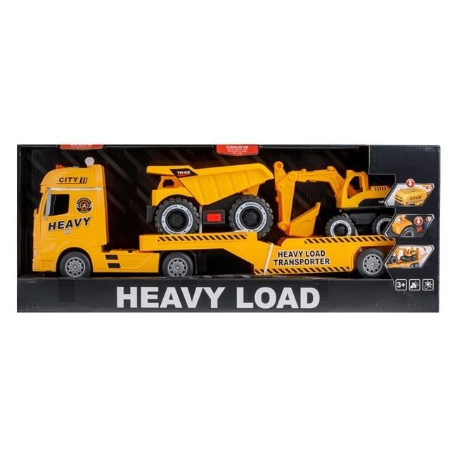 Детски ТИР с ремарке и две строителни машини-55 см.