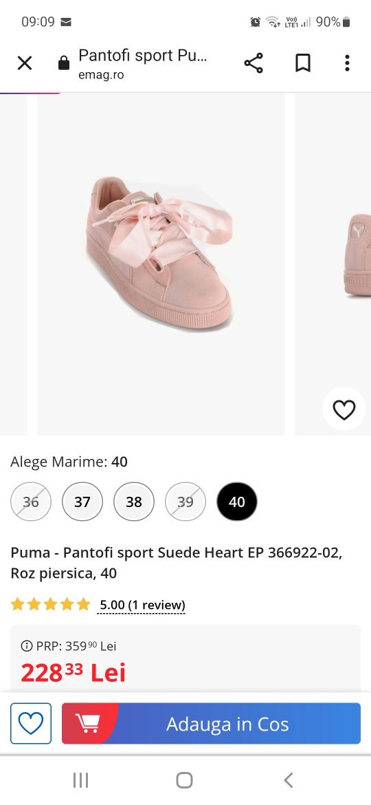 Pantofi sport fete - Puma Suede Pink, 39, NOI