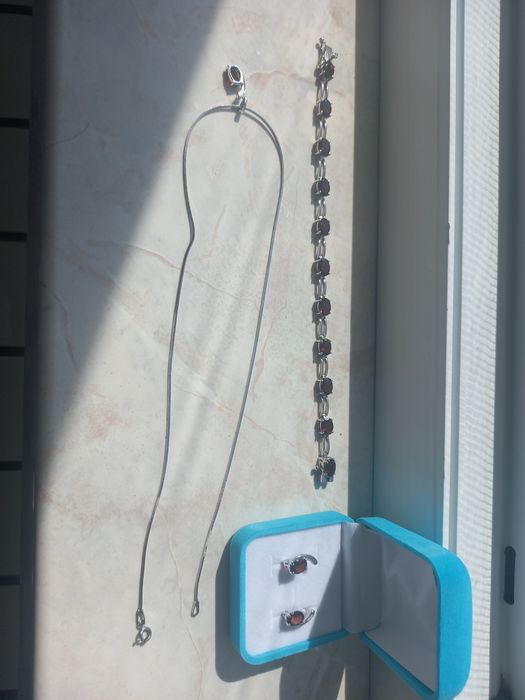 Серебряный набор серьги, цепочка с кулоном, браслет на руку,