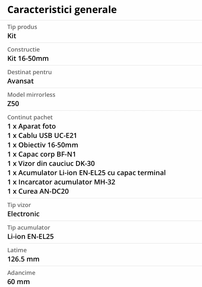 Aparat foto Mirrorless Nikon Z50, 20.9 MP, 4K, Wi-fi, obiectiv 16-50mm