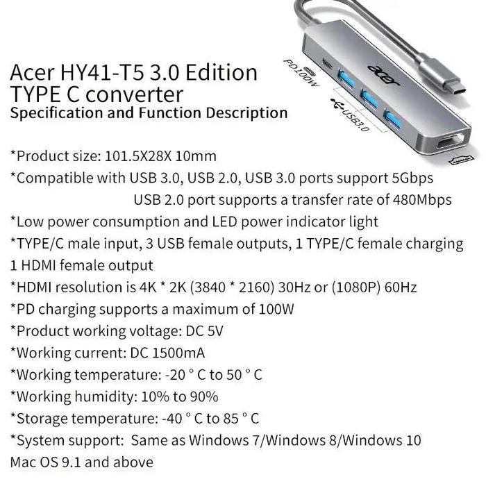 Докинг Станция Acer за Смартфон Таблет Лаптоп USB Type-C към HDMI