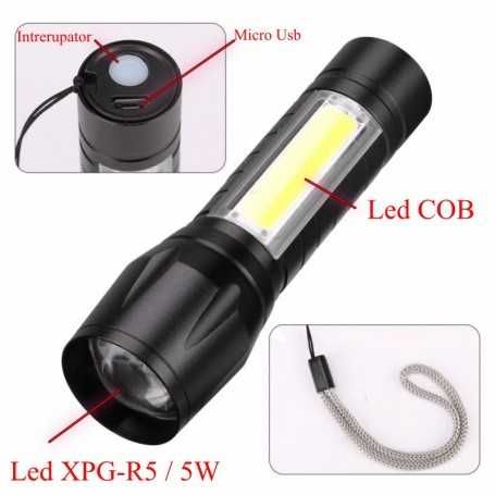 Lanterna de mana 1 LED 5W XPE + COB LED si acumulator