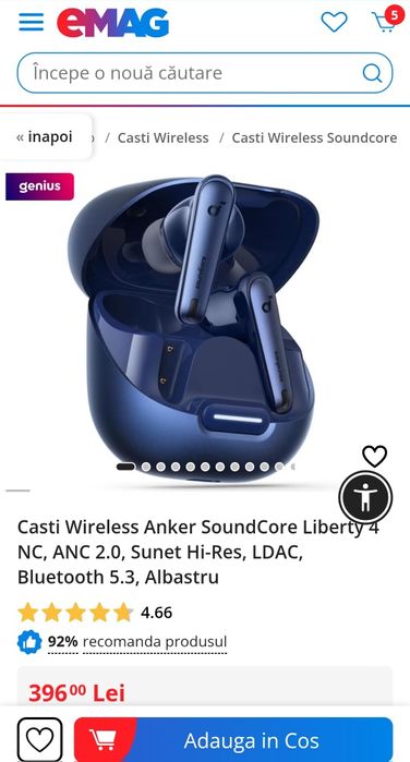 Casti Wireless Anker SoundCore Liberty 4 NC, ANC 2.0, Sunet Hi-Res, LD