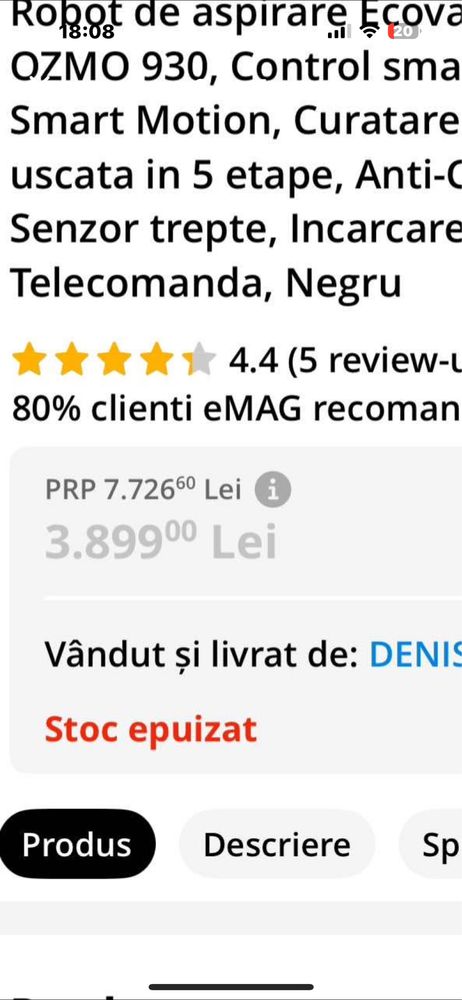Deboot Ozmo Pro 930 in stare buna aspira si spala cu multi senzori