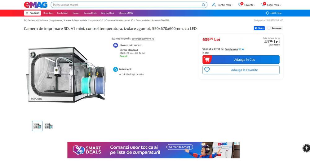 Camera Imprimare 3D A1 mini, Contr temp+ilum LED, Redus de la 639 RON