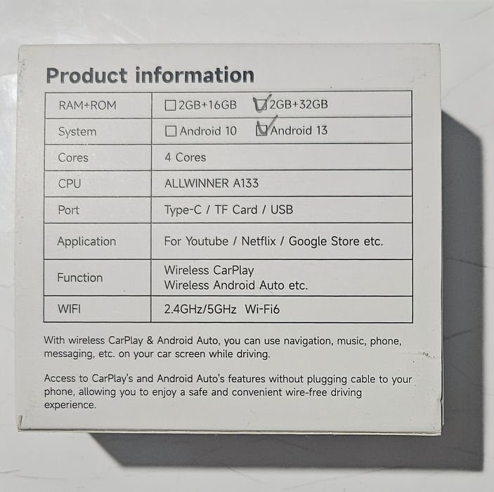 Adaptor wireless android auto / car play