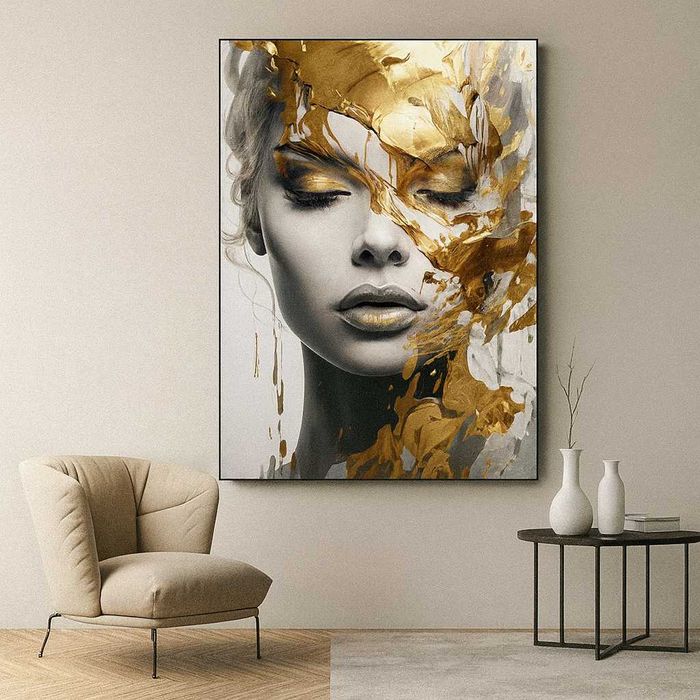 Tablou + Rama Canvas abstract Portret cu accente aurii – 30x40 cm