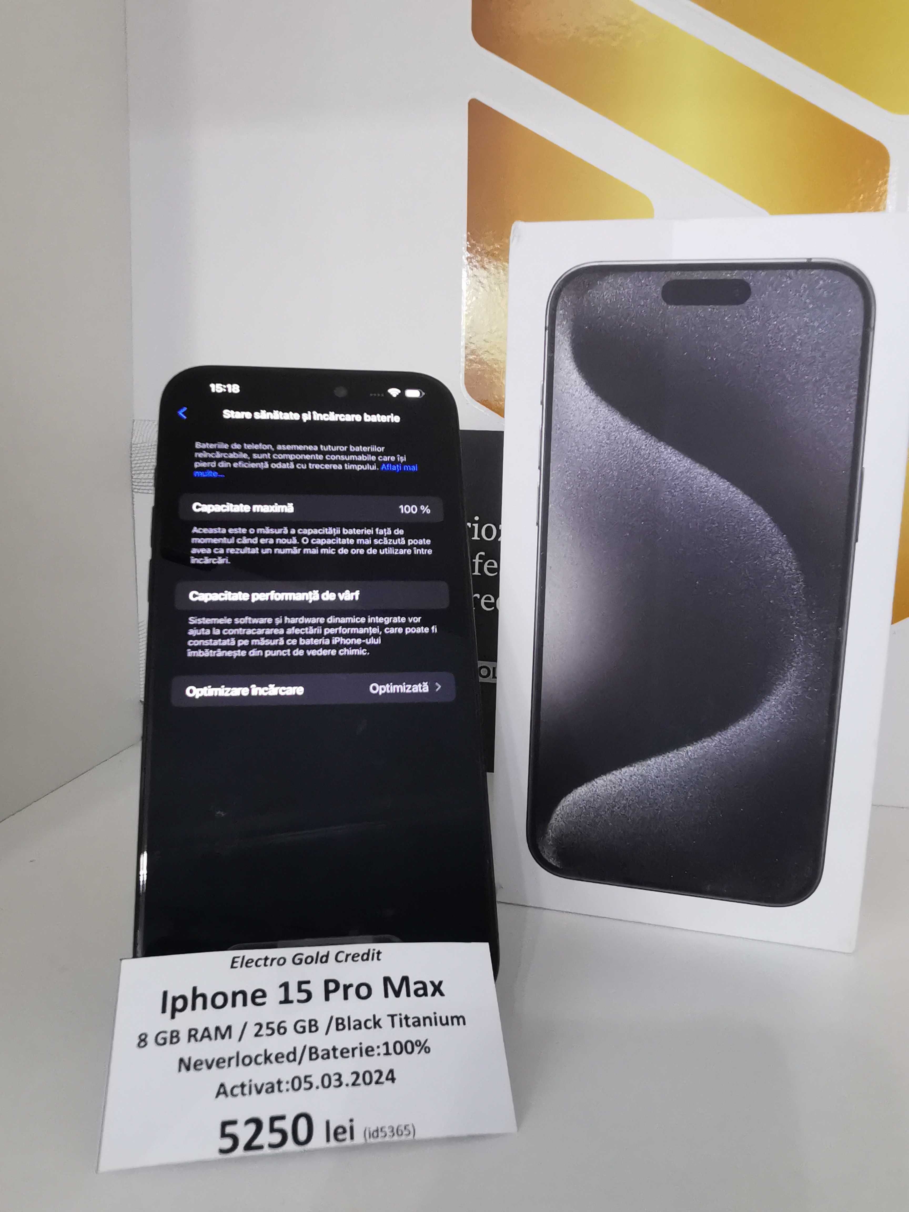 Iphone 15 Pro Max 256GB Black/Neverlocked/Garantie Apple ca NOU ID5365