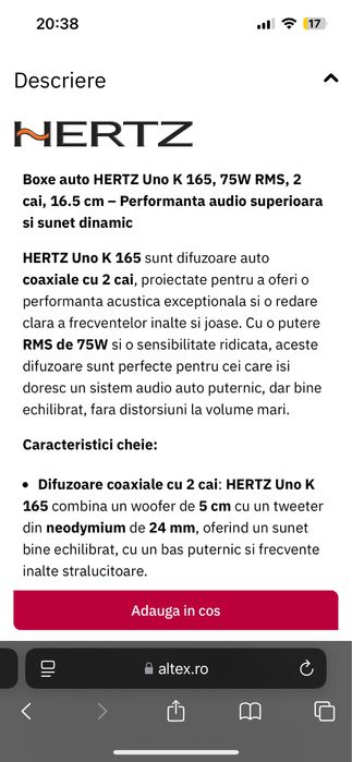 Boxe auto HERTZ 2 set-uri ,Uno K 165 , 75w RMS 2 cai , 16.5 cm