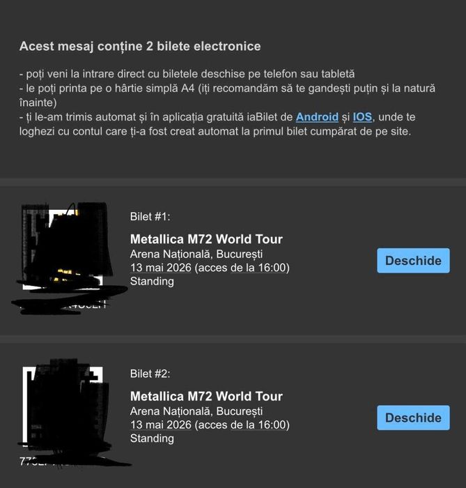 Vand 2 bilete Standing Metallica Bucuresti