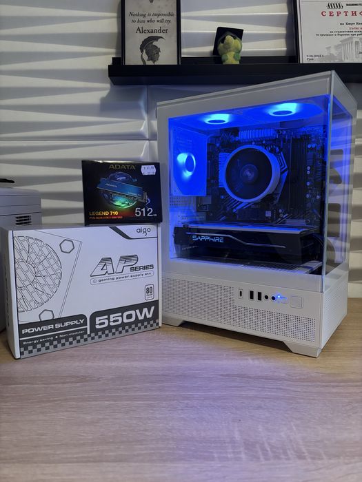 Бял геймърски компютър Ryzen 8 ядрен, RX480 8gb, 8ram, 512 ssd, 550W