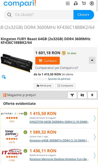 Memorie kingston fury 64GB DDR4, 3600MHz CL18,