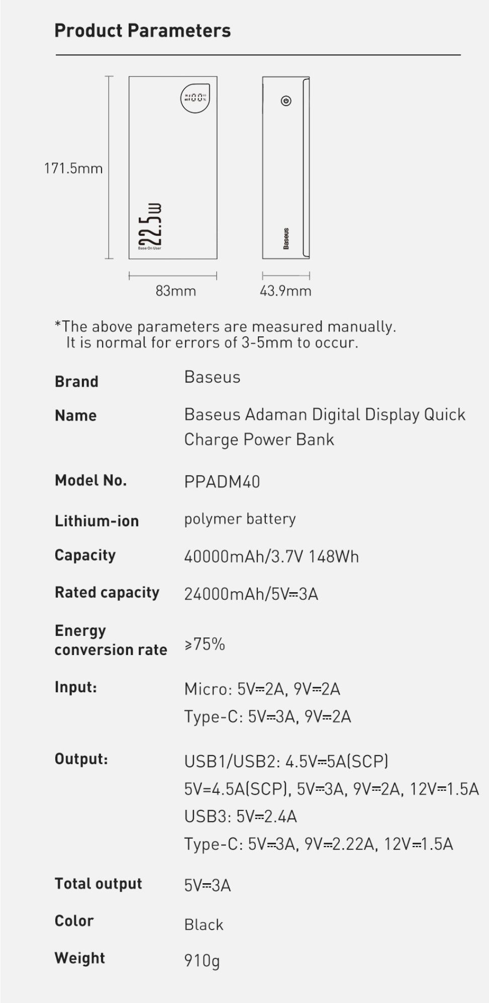 Baseus Adaman Series 40000mAh Power Bank PD 22.5W QC4.0