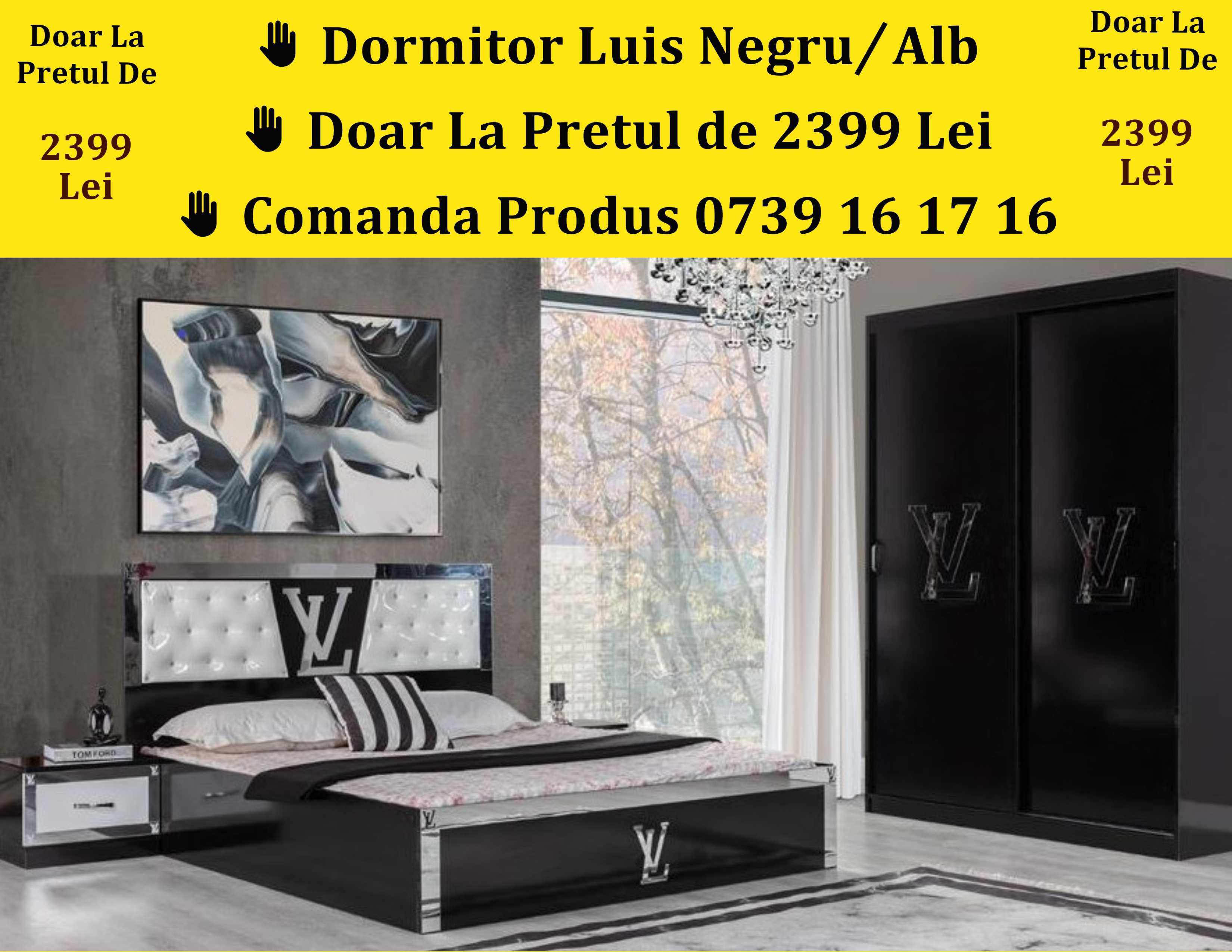 Set Dormitor Luis Alb Sau Negru Pat 2 Noptiere Dulap cu Oglinda COD250