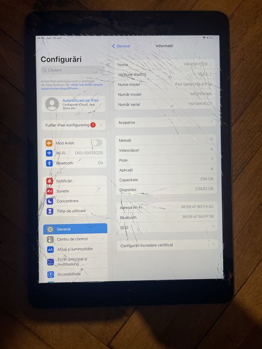ipad gen 9 a2602 baterie 100 256gb  fisurata touch id bun original tot