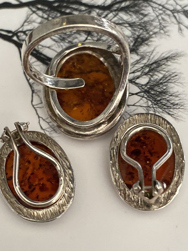 Set modern cercei inel ag 925 si chilimbar natural cognac