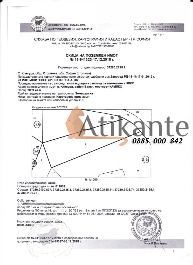 Парцел в София- площ 2809 цена 56180