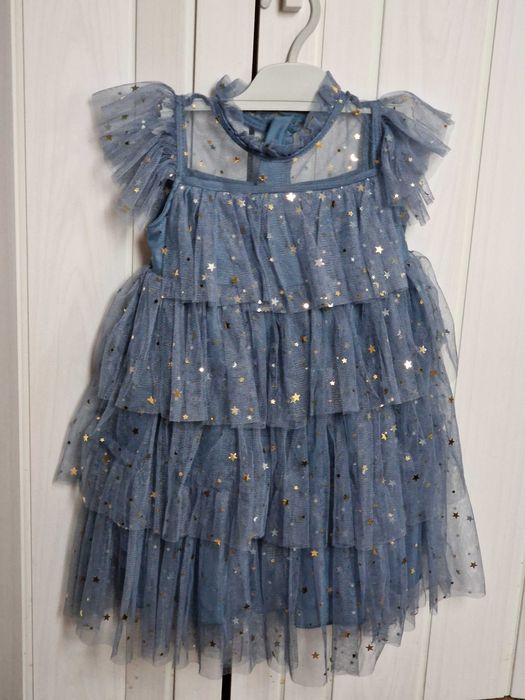 Детска парти рокля - синьо-сива