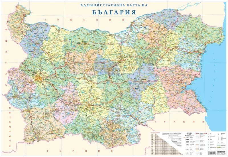 Административна стенна карта на България - 100/140 см.