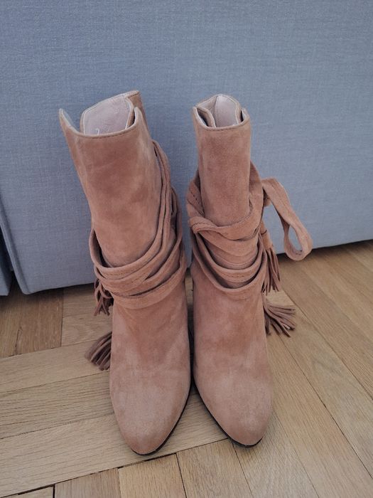 Ботуши Черна  кожа   ; Eva Minge, 36,  бежови естествен велур, НОВИ