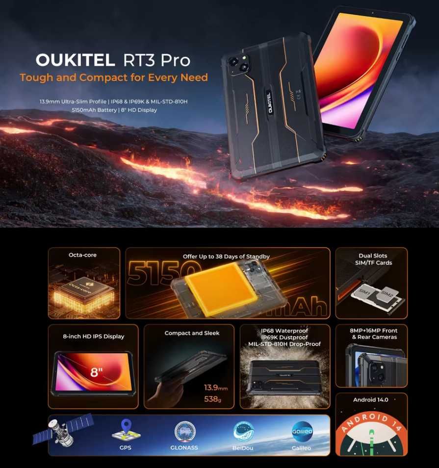 Защитен таблет OUKITEL RT3 Pro 8" IPS, 4GB/128GB, 5150mAh, IP68/IP69K