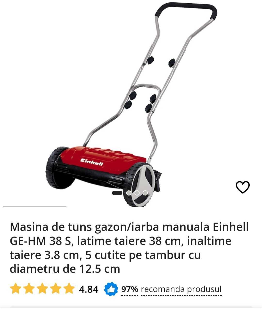 Mașină de tuns gazon manuală Einhell GE-HM38S/coș iarbă, în garanție