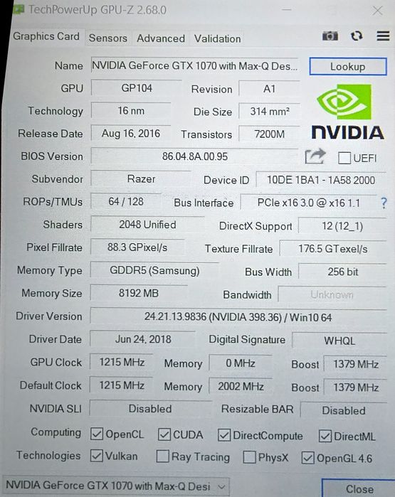 Laptop gaming Razer Blade I7 gen 8 Gtx 1070 16 Gb Ddr4 Ssd 256 144Hz