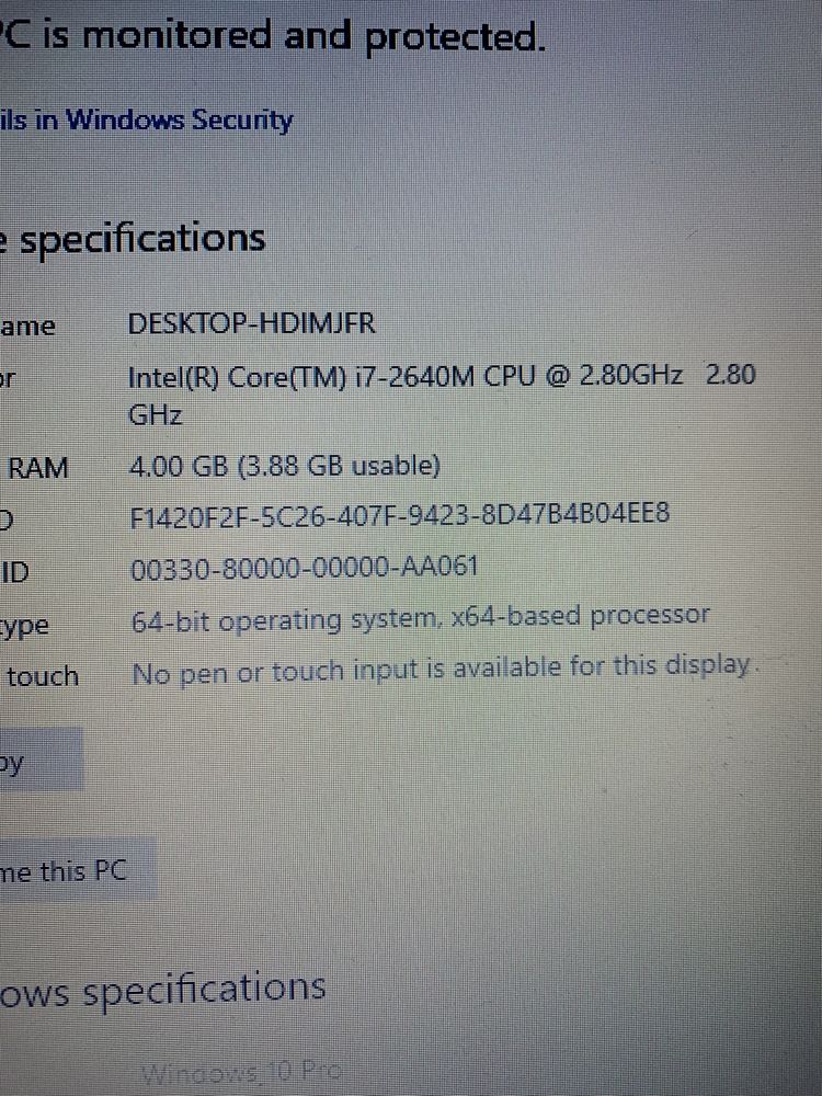 Laptop Dell Intel Core i7-2640M 2.80GHz Windows 10 Pro