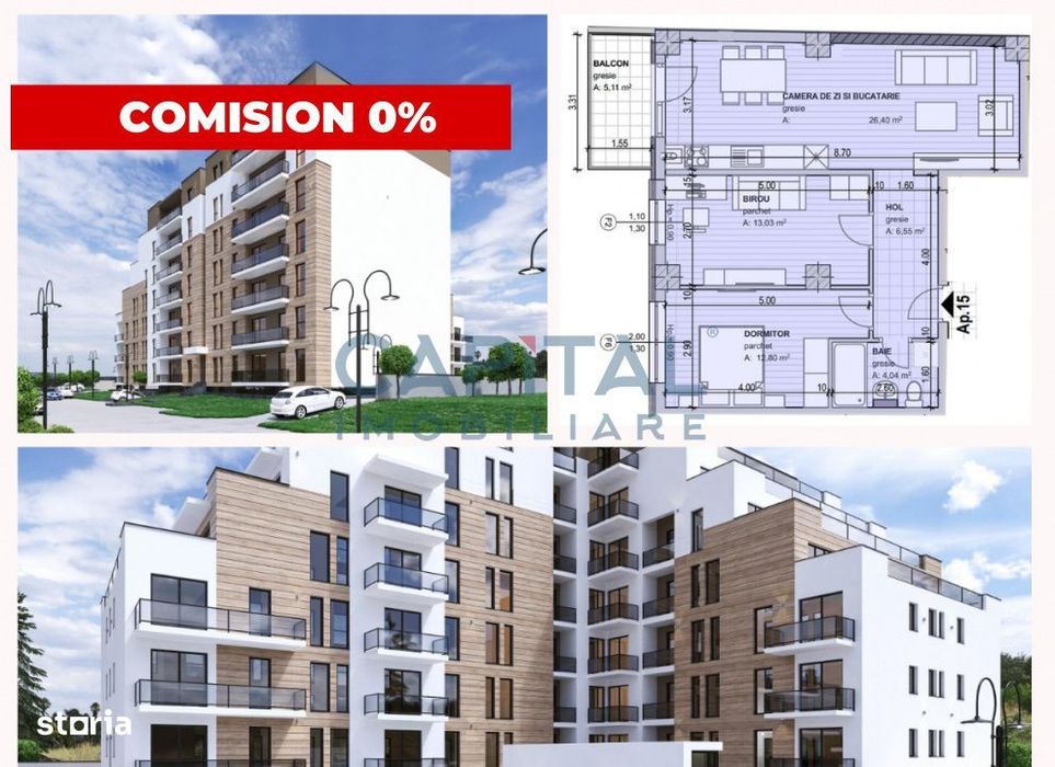 Apartament de vanzare, 3 camere, balcon, comision 0%