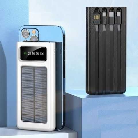 Преносима батерия Powerbank 30000mAh със соларен панел, кабели и фенер