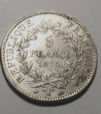 Moneda 5 francs 1875 Franța 25g argint 900