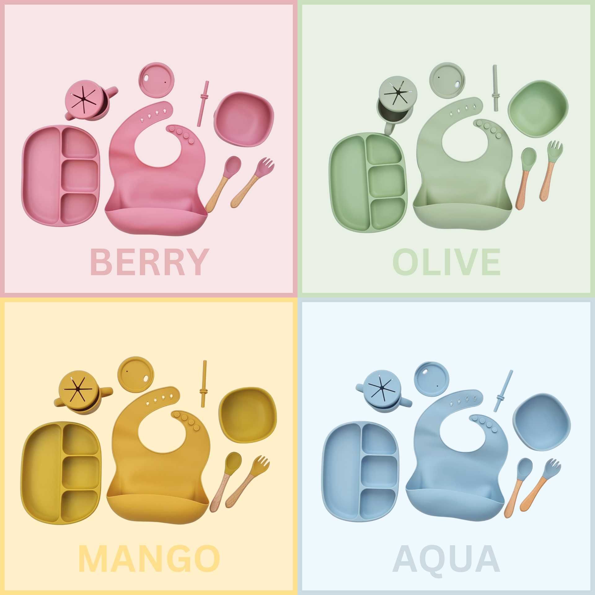Set diversificare din silicon alimentar premium, 9 piese, Olive