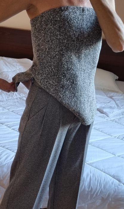 Сив панталон S/M/36 елегантен зимен басти висока талия широк прав ръб