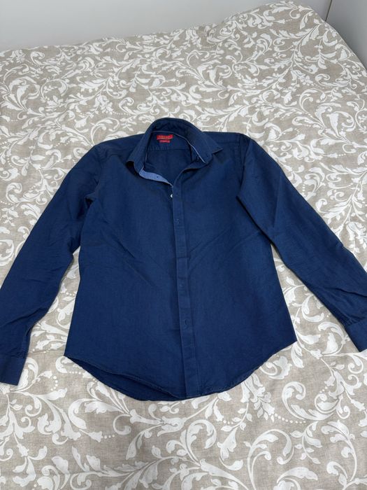 Camasa Zara Men, albastru inchis, marime S, slim fit, material gros,