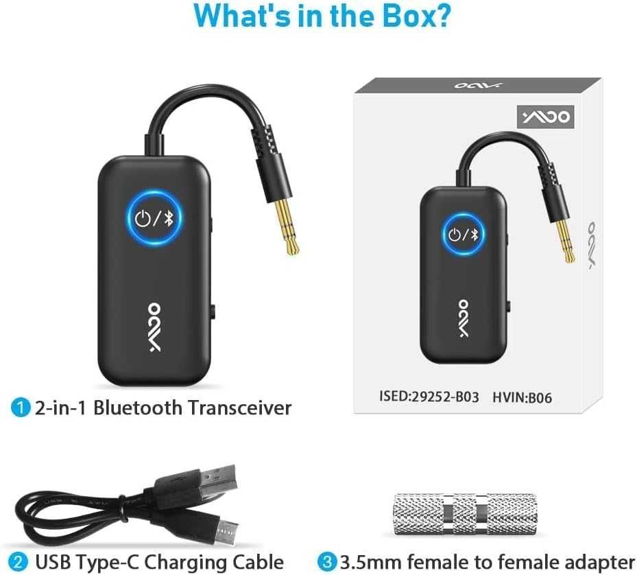 YMOO Adaptor Audio Wireless Bluetooth 5.3 la 2 căști,Aptx-HD (< 40ms)