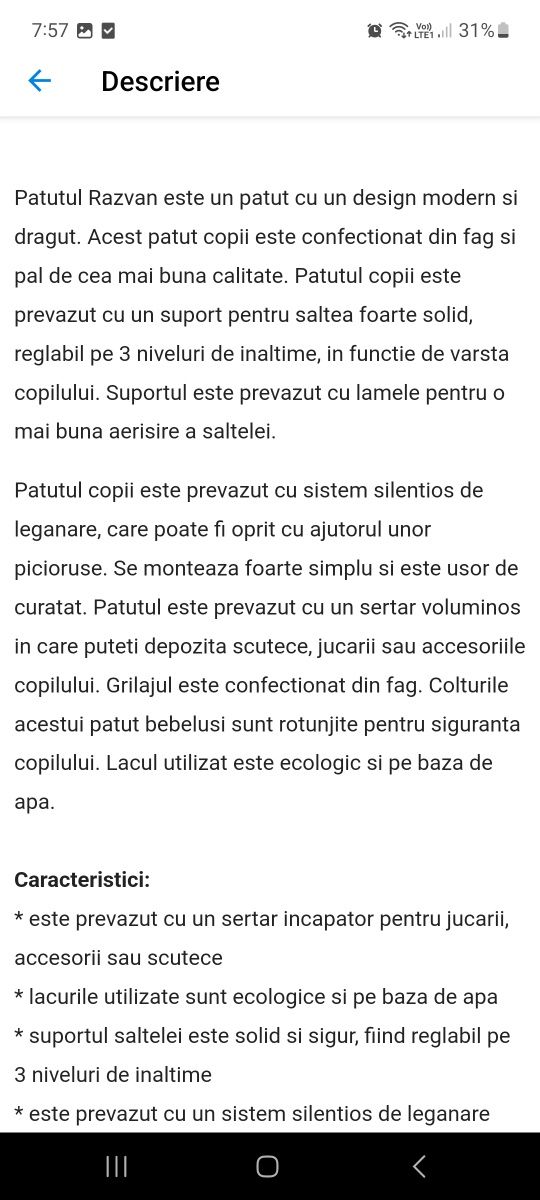 Pătuț lemn bebe cu saltea din spuma, sistem de legănare și apărătoare