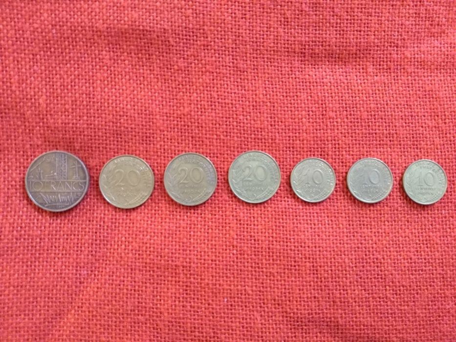 Френски монети, 7 броя, емисии от 1992г. до 1967г., много запазени