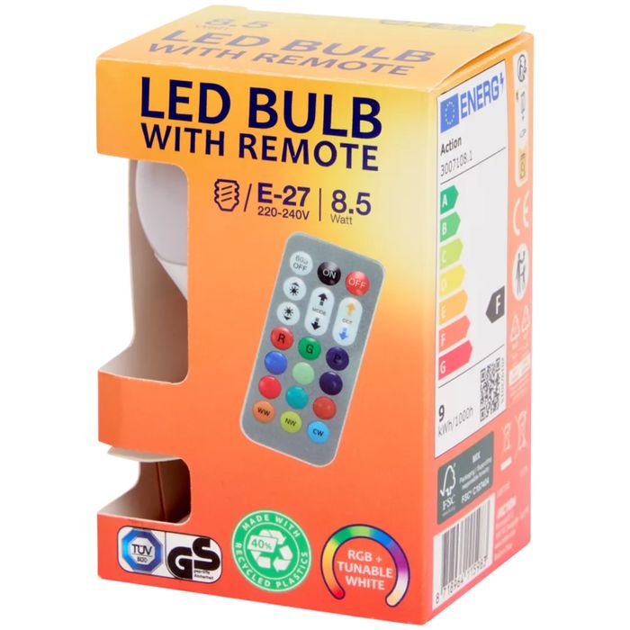 Bec LED multicolor 8.5W cu telecomandă E27 806 lm