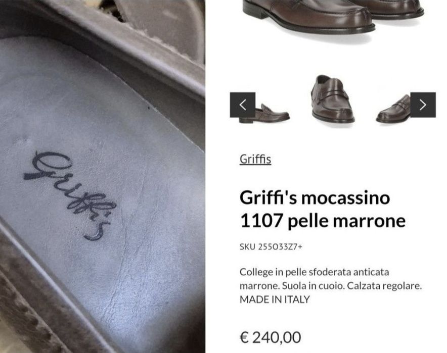 Pantofi / Mocasini Griffi's, Piele naturală + Vibram - 43,5 / 44