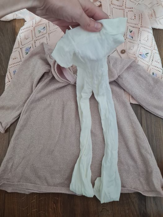 Розов сет от рокля Coton, жилетка и нов чорапогащник 98 см 2 - 3 год.