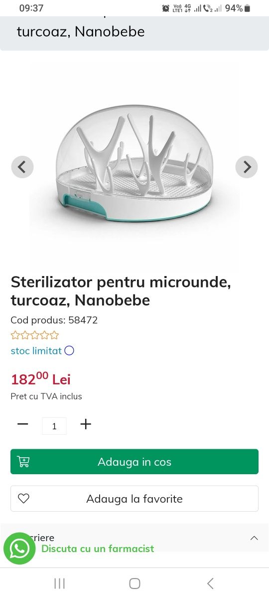 Sterilizator pentru microunde, turcoaz, Nanobebe
