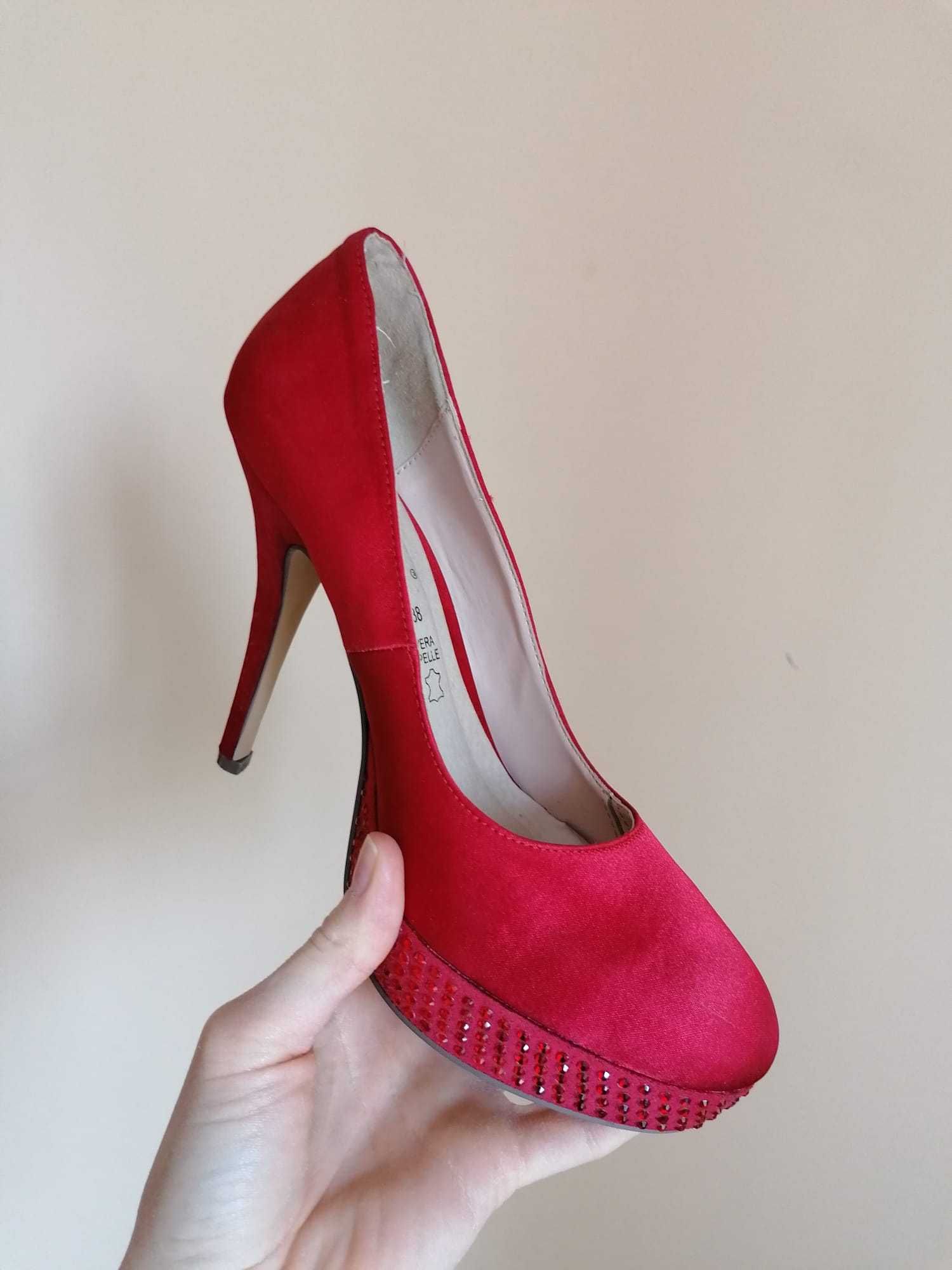 Pantofi din satin cu toc, dama, rosii, marimea 38