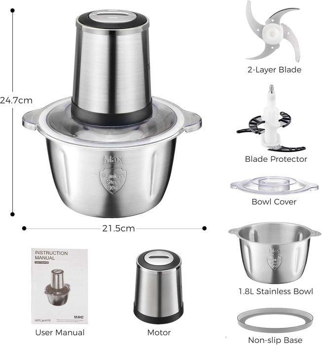 YASHE Мини кухненски робот, месомелачка, 500W,  1.8L, 2ск. ЛЕК ДЕФЕКТ